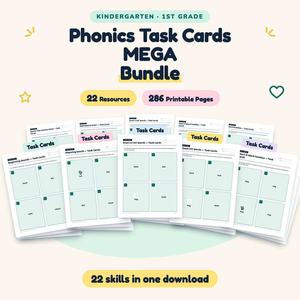 Phonics Task Cards MEGA BUNDLE | K–1st Grade (22 Resources) — cover