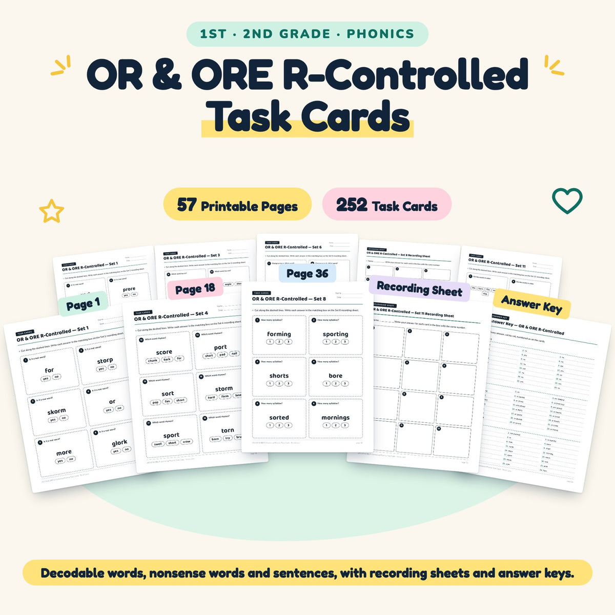 252 OR & ORE R-Controlled Phonics Task Cards — cover