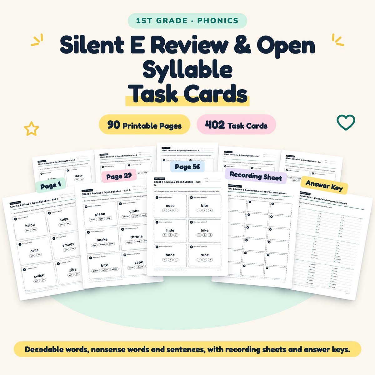 402 Silent E Review & Open Syllable Phonics Task Cards — cover