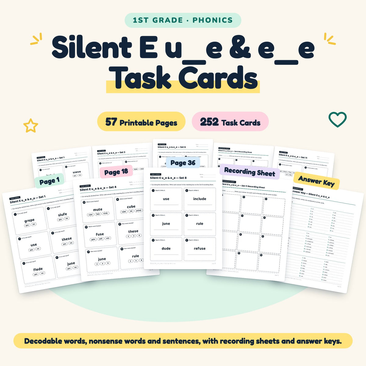 252 Silent E u_e & e_e Phonics Task Cards — cover
