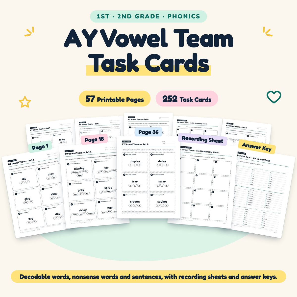 252 AY Vowel Team Phonics Task Cards — cover