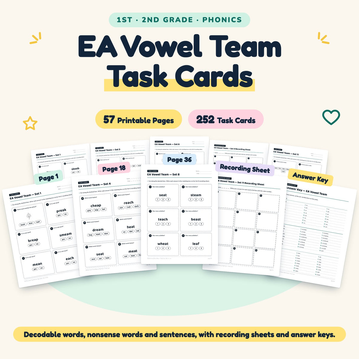 252 EA Vowel Team Phonics Task Cards — cover