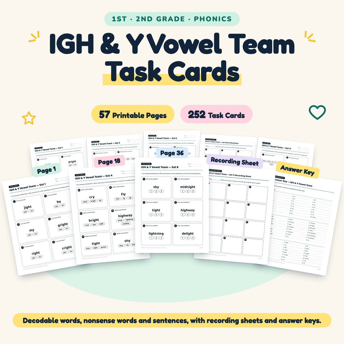 252 IGH & Y Vowel Team Phonics Task Cards — cover