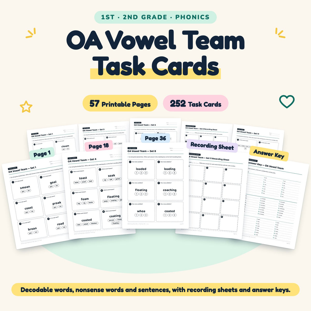252 OA Vowel Team Phonics Task Cards — cover