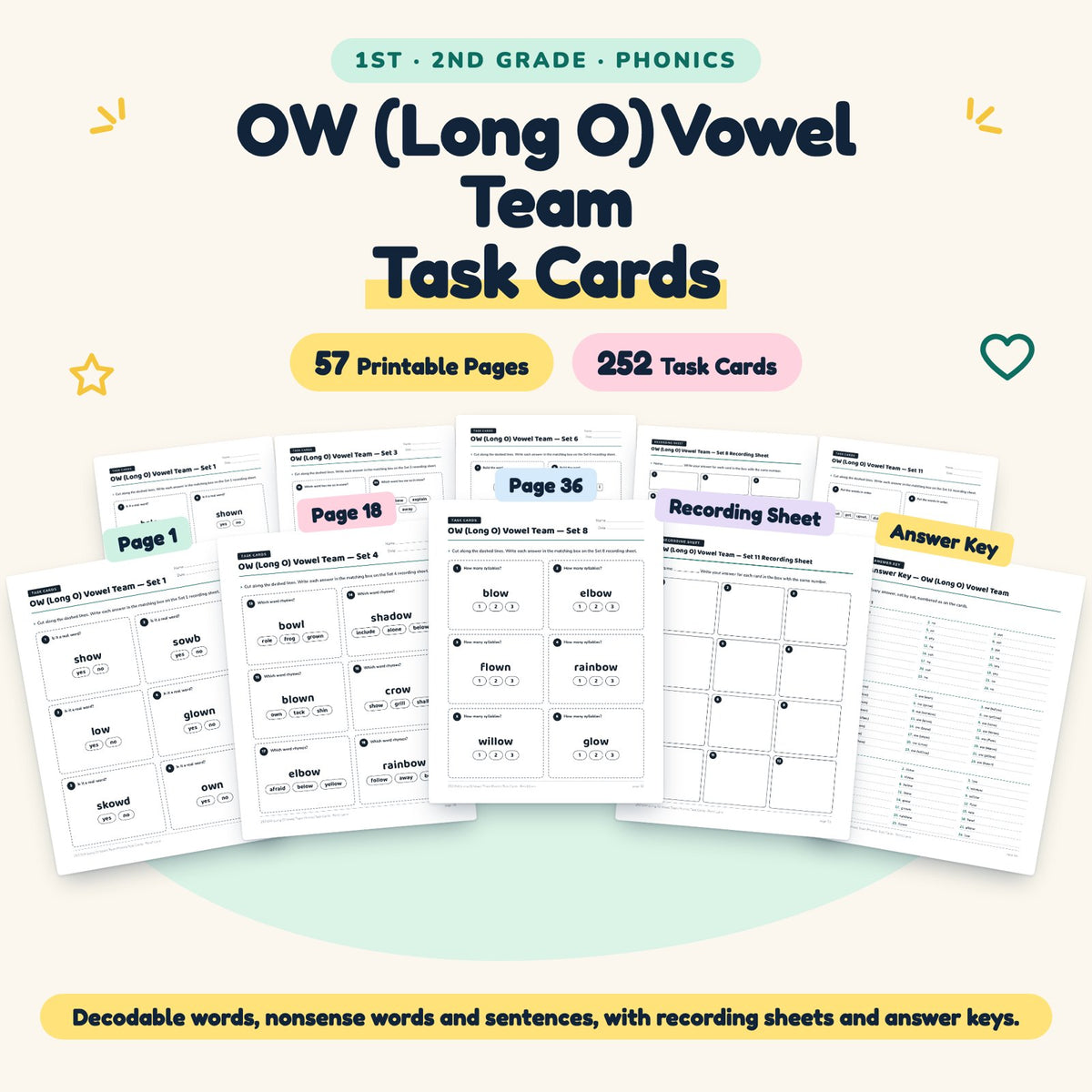 252 OW (Long O) Vowel Team Phonics Task Cards — cover