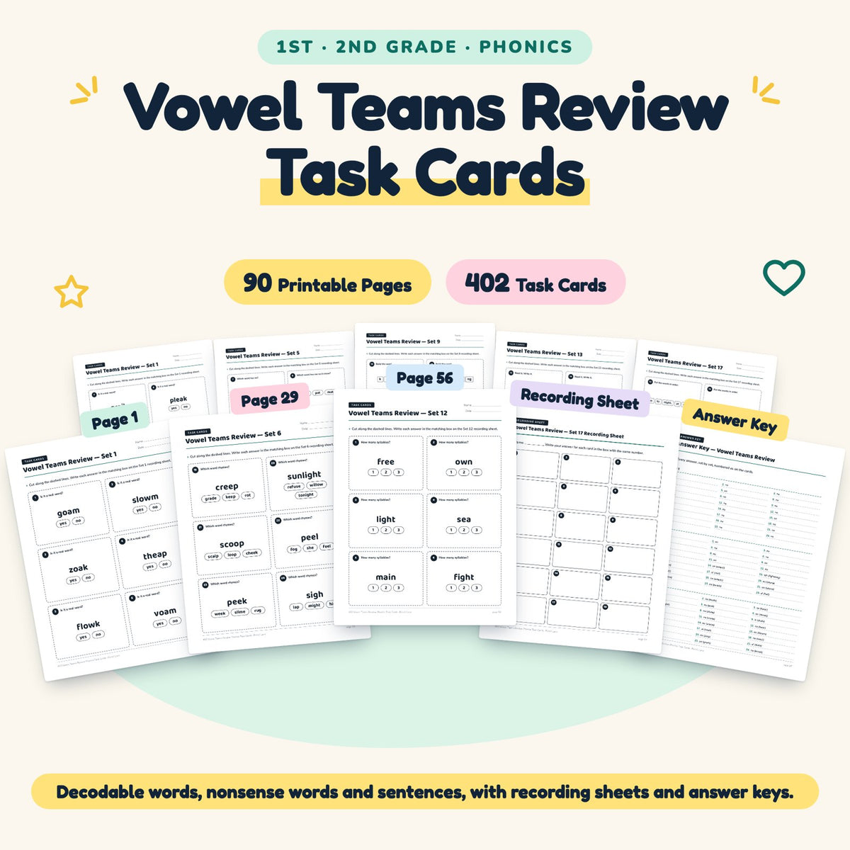 402 Vowel Teams Review Phonics Task Cards — cover