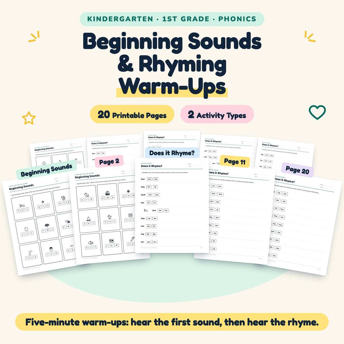 Beginning Sounds & Rhyming Worksheets | K–1st Grade (20 Pages) — cover