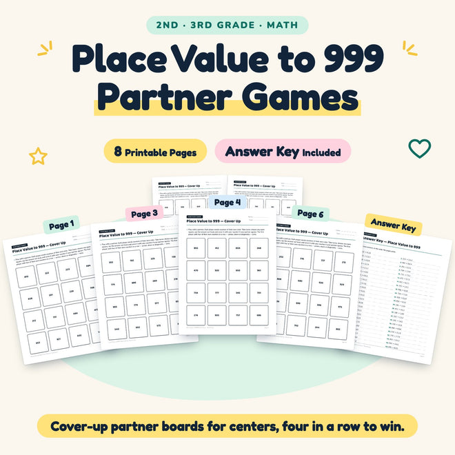 Place Value to 999 Partner Games | 2nd–3rd Grade (8 Pages) — cover