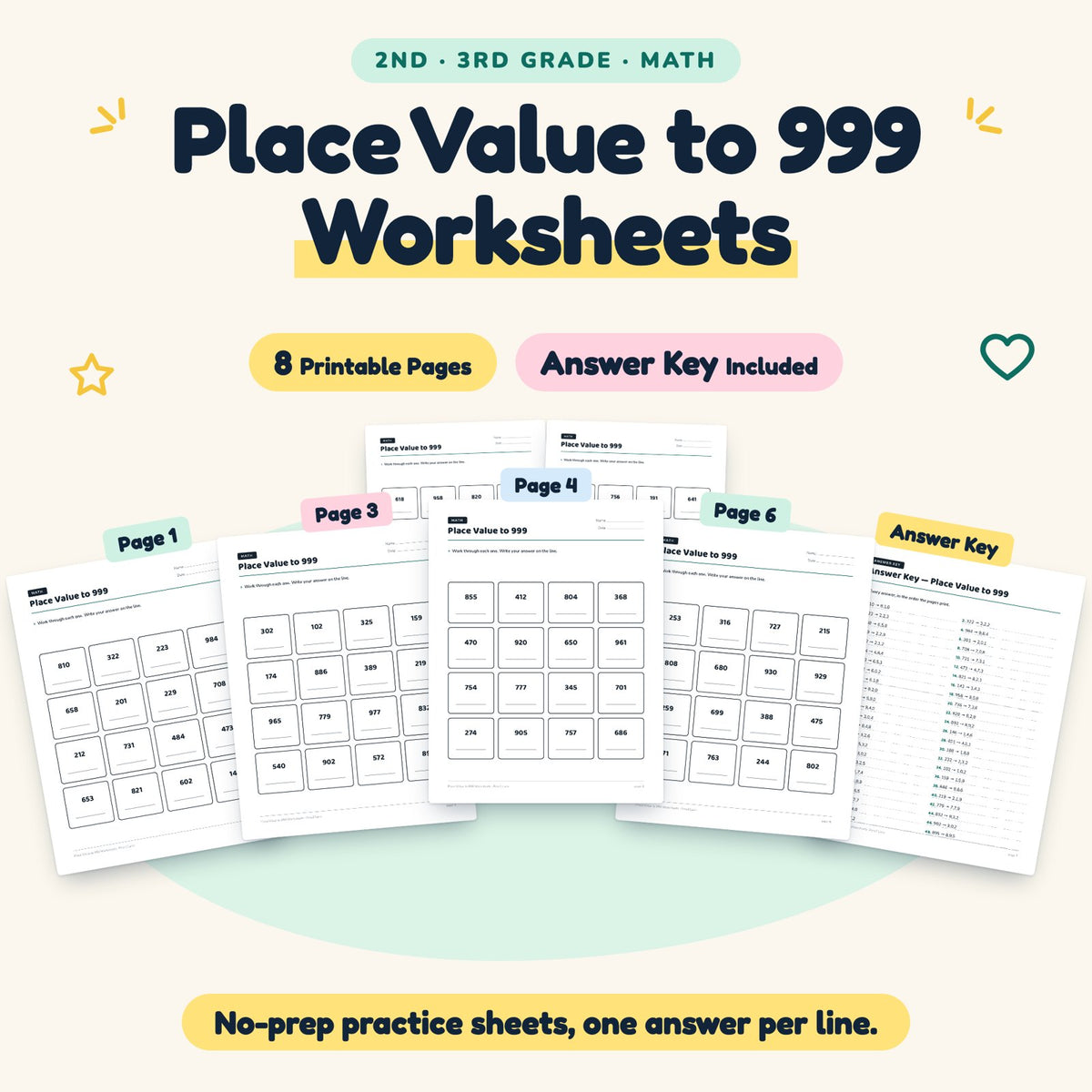 Place Value to 999 Worksheets | 2nd–3rd Grade Math (8 Pages) — cover