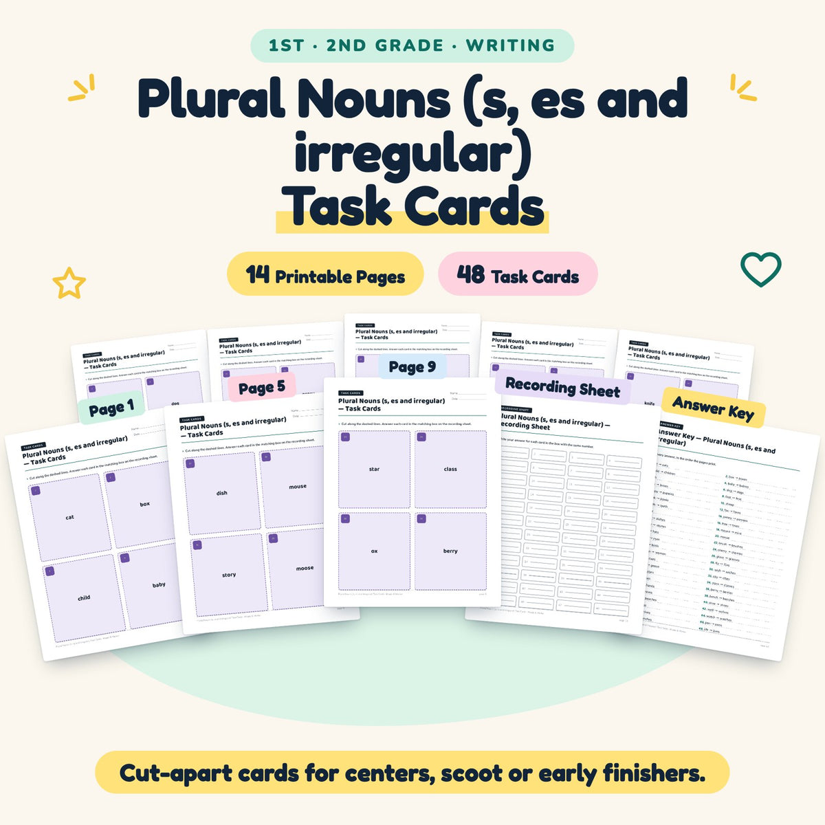 Plural Nouns Task Cards | 1st–2nd Grade Grammar (28 Cards) — cover