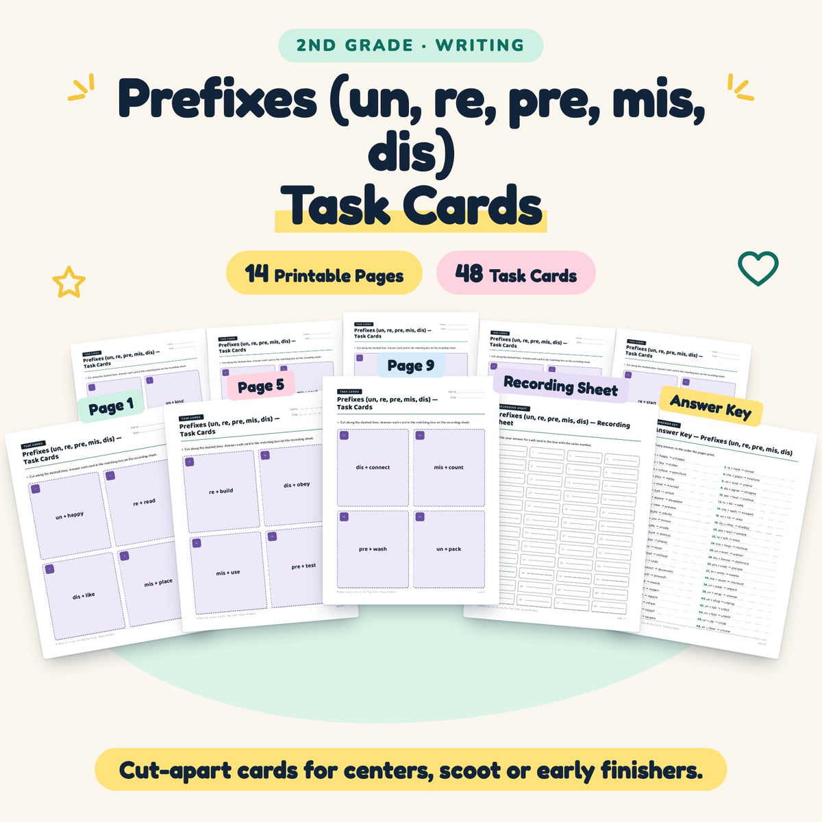 Prefixes Task Cards | 2nd Grade Grammar (18 Cards) — cover