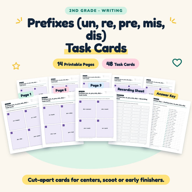 Prefixes Task Cards | 2nd Grade Grammar (18 Cards) — cover