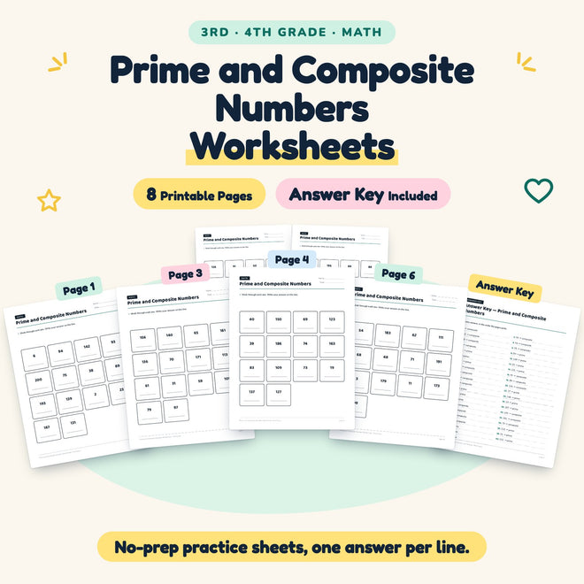 Prime and Composite Numbers Worksheets | 3rd–4th Grade Math — cover