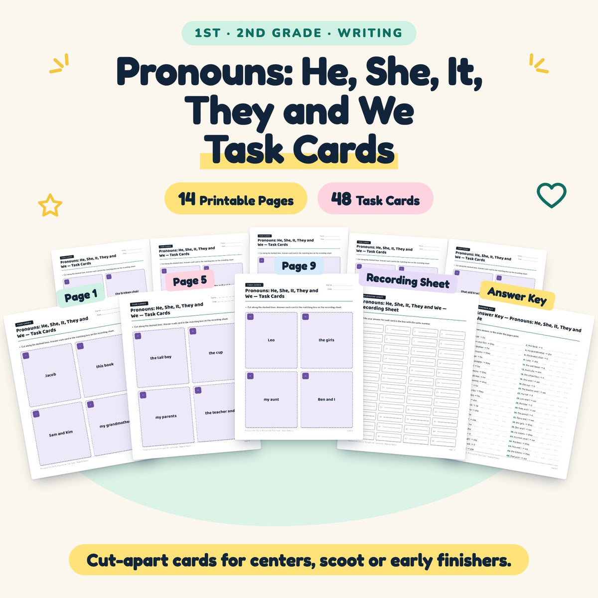 Pronouns Task Cards | 1st–2nd Grade Grammar (30 Cards) — cover