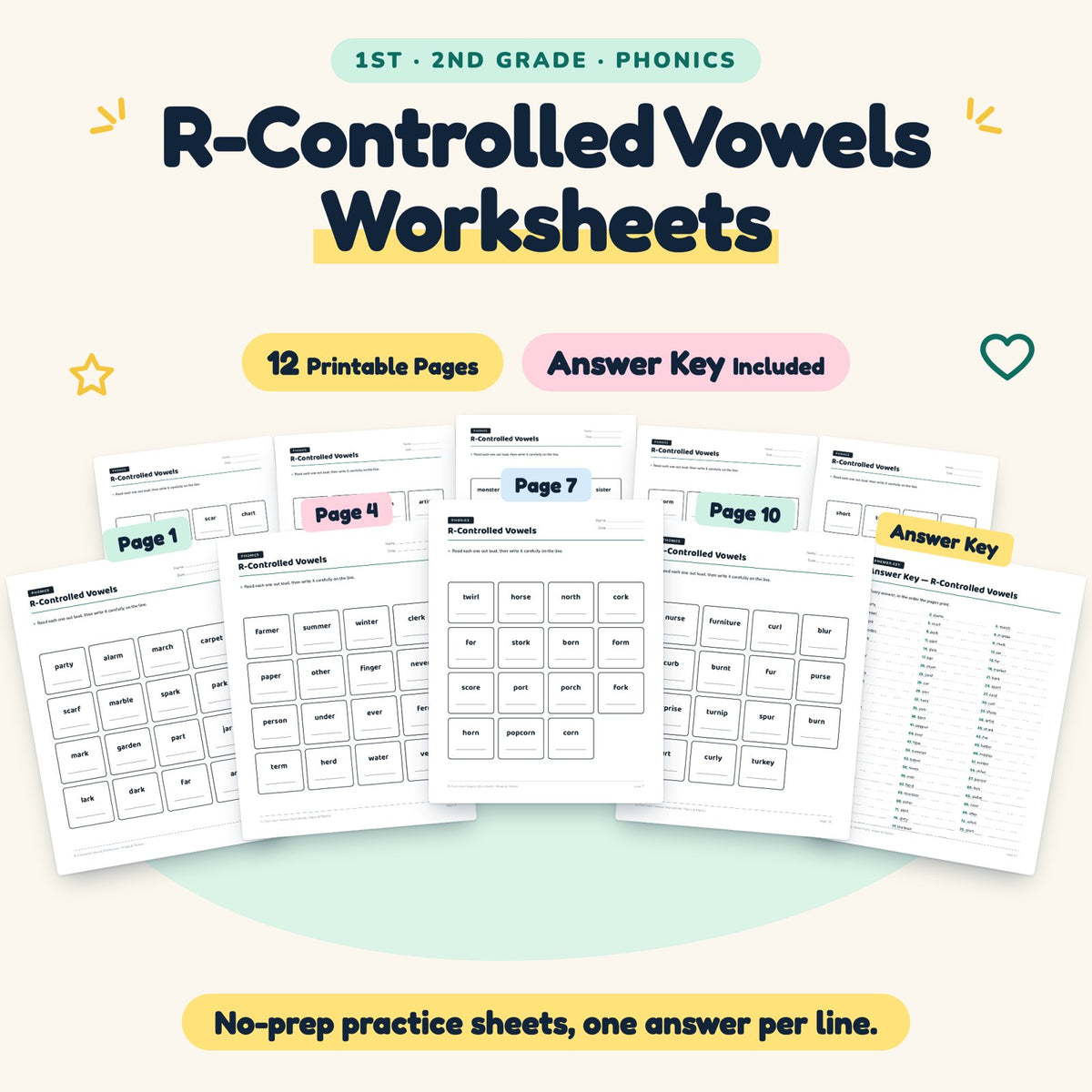 R-Controlled Vowels Worksheets | 1st–2nd Grade (5 Pages) — cover
