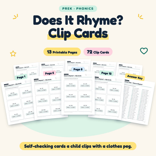 Does It Rhyme? Clip Cards | Preschool Phonics (72 Cards) — cover