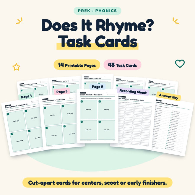 Does It Rhyme? Task Cards | Preschool Phonics (48 Cards) — cover