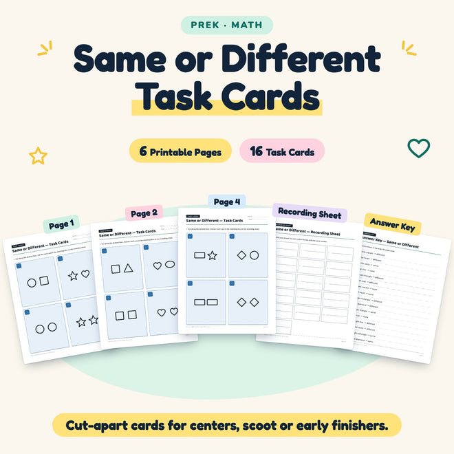Same or Different Task Cards | Preschool Math (16 Cards) — cover