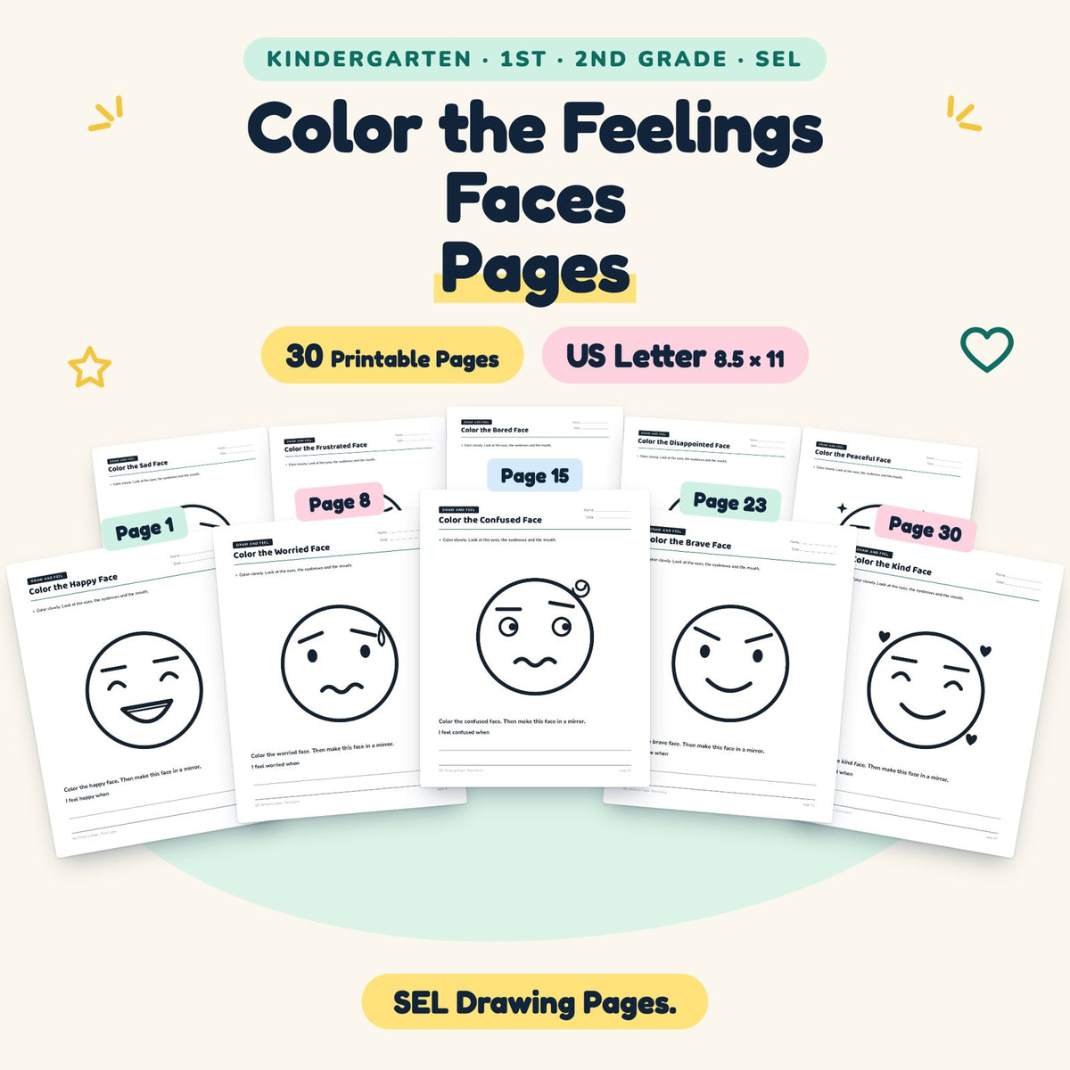 30 Color the Feelings Faces Pages — cover