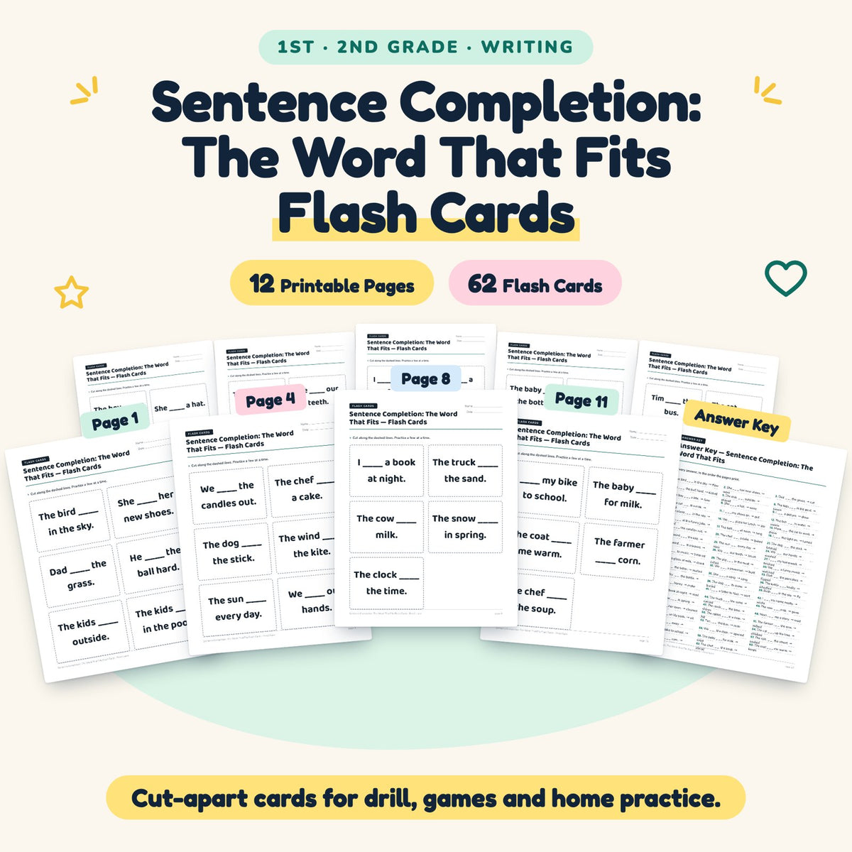 Sentence Completion Flash Cards | 1st–2nd Grade (26 Cards) — cover
