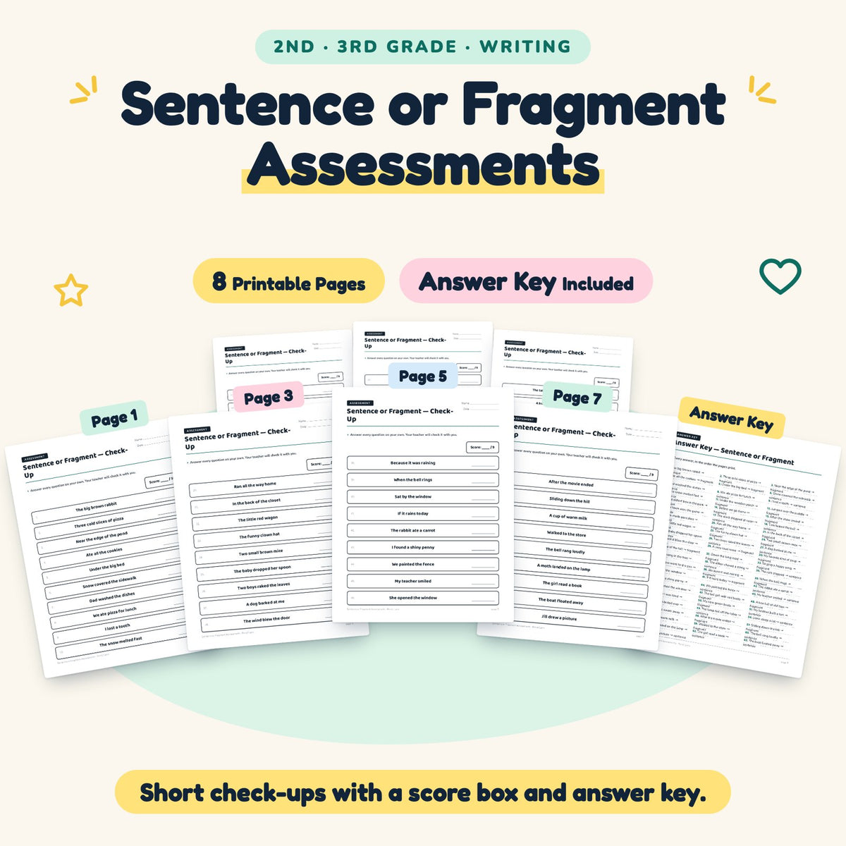 Sentence or Fragment Assessments | 2nd–3rd Grade (5 Pages) — cover