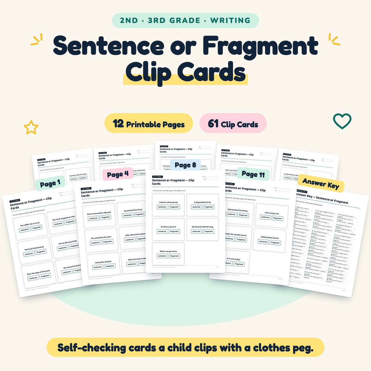 Sentence or Fragment Clip Cards | 2nd–3rd Grade (29 Cards) — cover