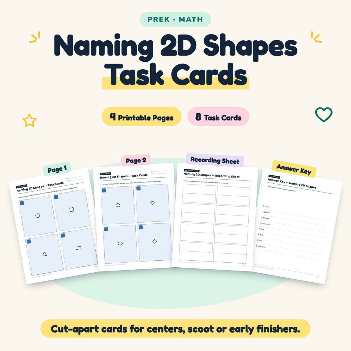 Naming 2D Shapes Task Cards | Preschool Math (8 Cards) — cover
