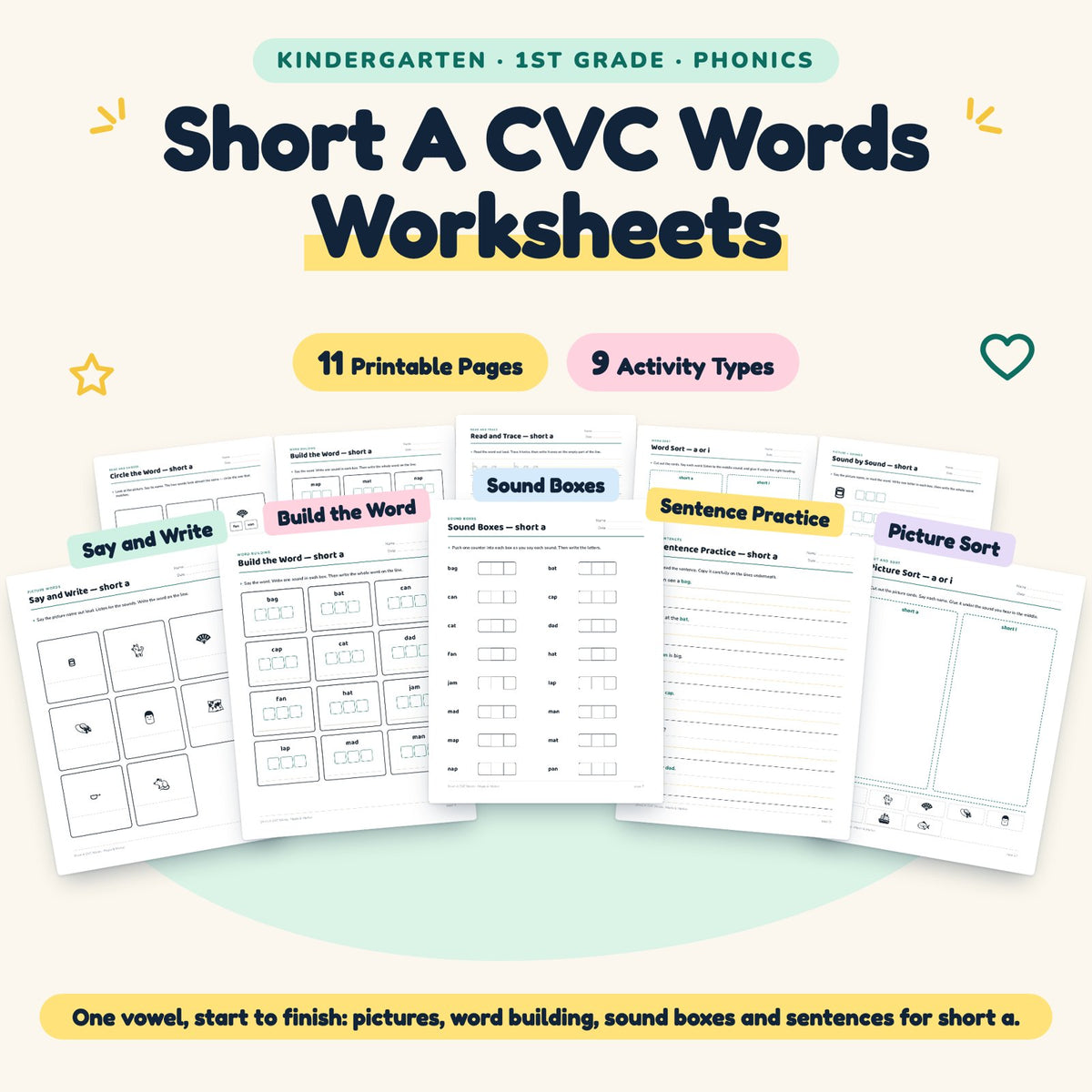 Short A CVC Words Worksheets | K–1st Grade (11 Pages) — cover