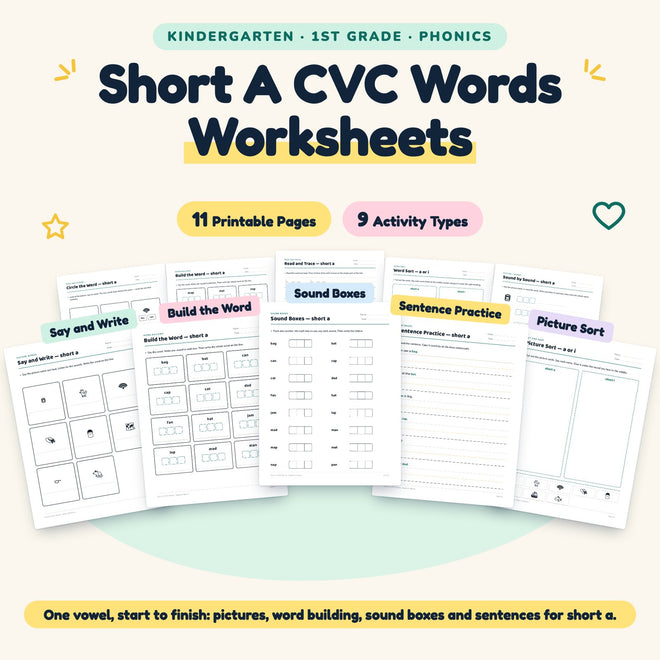 Short A CVC Words Worksheets | K–1st Grade (11 Pages) — cover