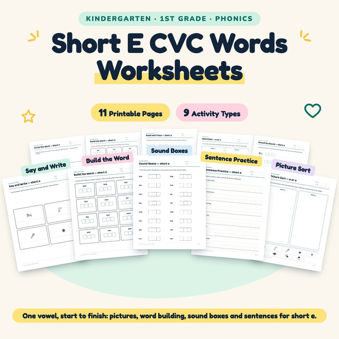 Short E CVC Words Worksheets | K–1st Grade (11 Pages) — cover