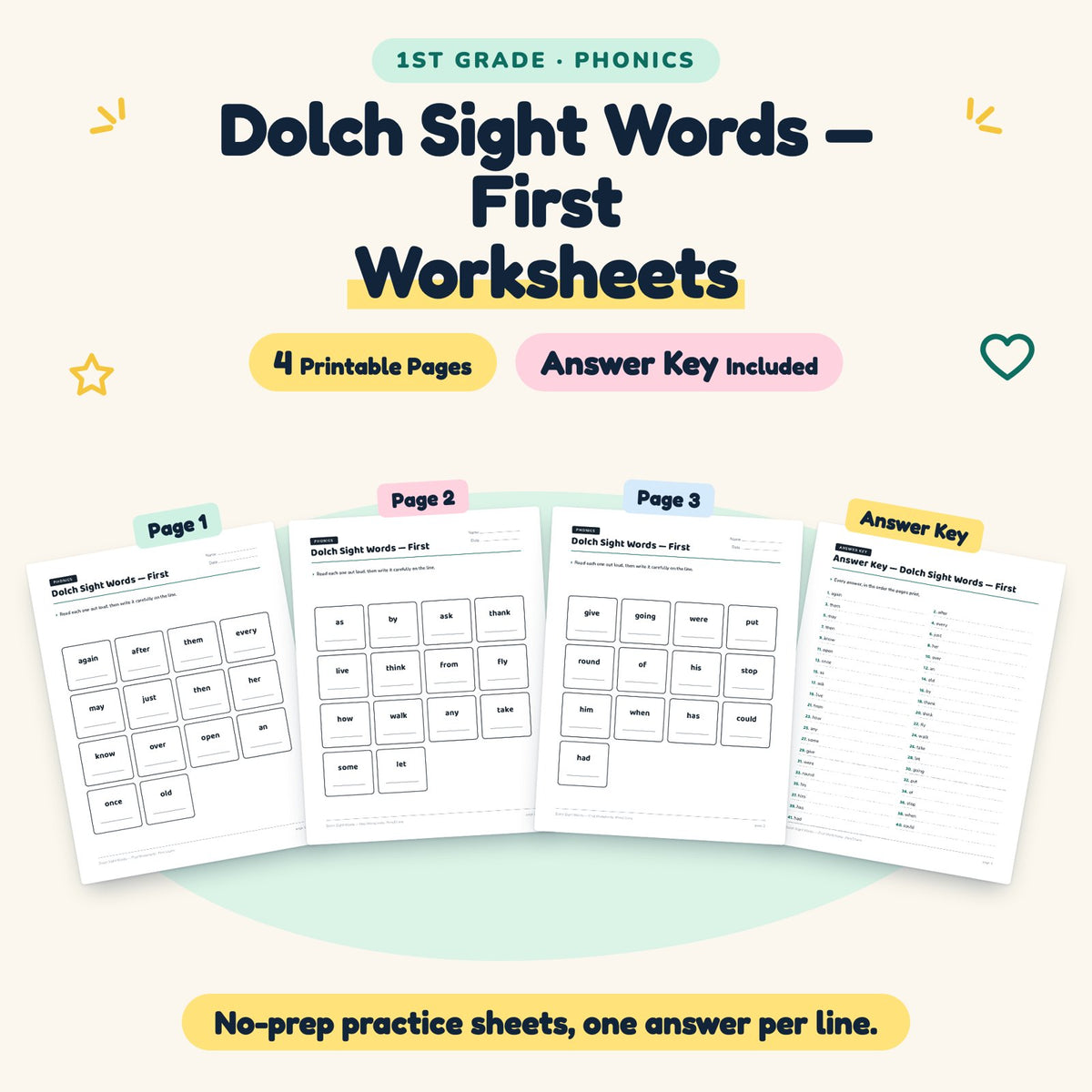 Dolch First Grade Sight Words Worksheets | 1st Grade Phonics — cover