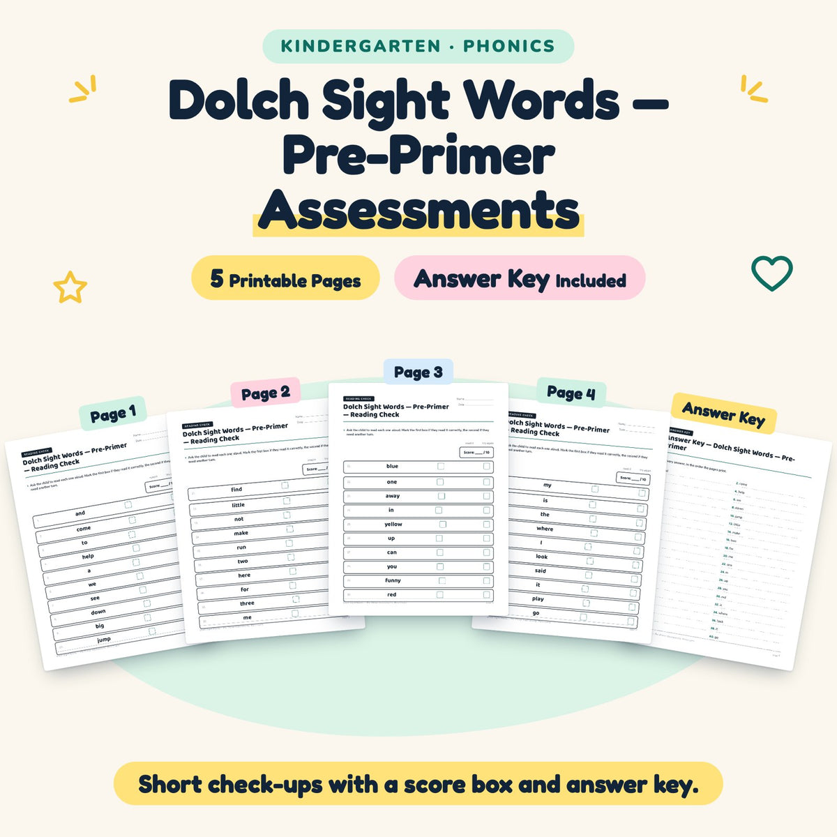 Dolch Pre-Primer Sight Words Assessments | Kindergarten — cover