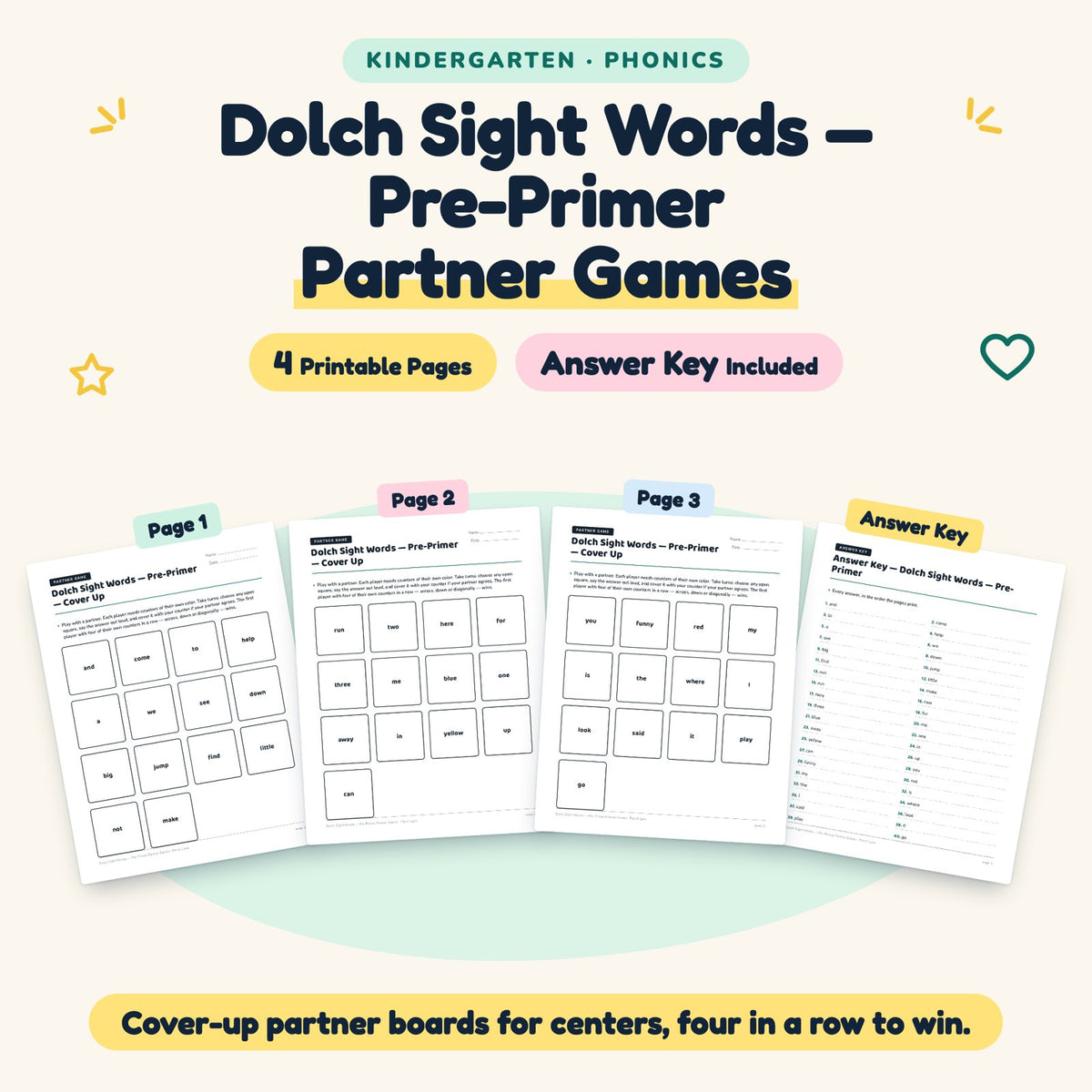 Dolch Pre-Primer Sight Words Partner Games | Kindergarten — cover