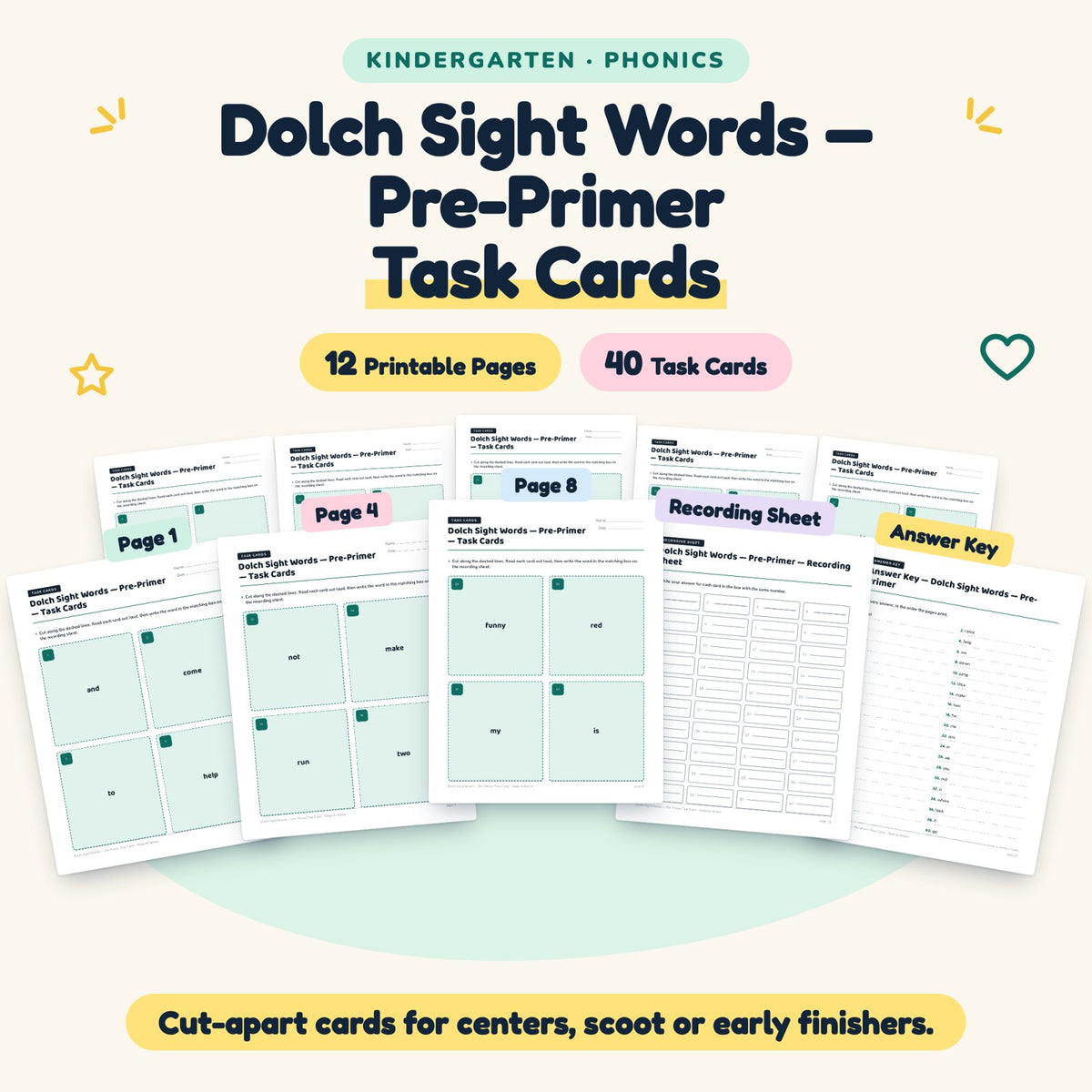 Dolch Pre-Primer Sight Words Task Cards | Kindergarten — cover