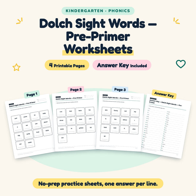 Dolch Pre-Primer Sight Words Worksheets | Kindergarten — cover