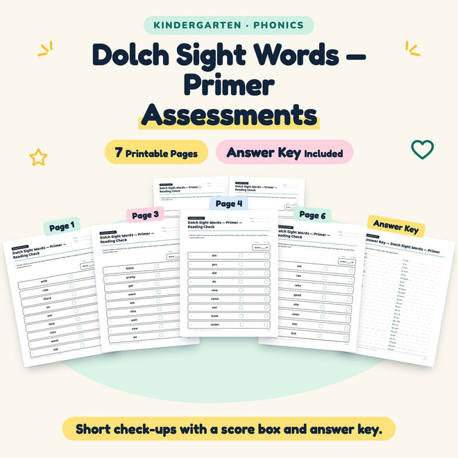 Dolch Primer Sight Words Assessments | Kindergarten Phonics — cover
