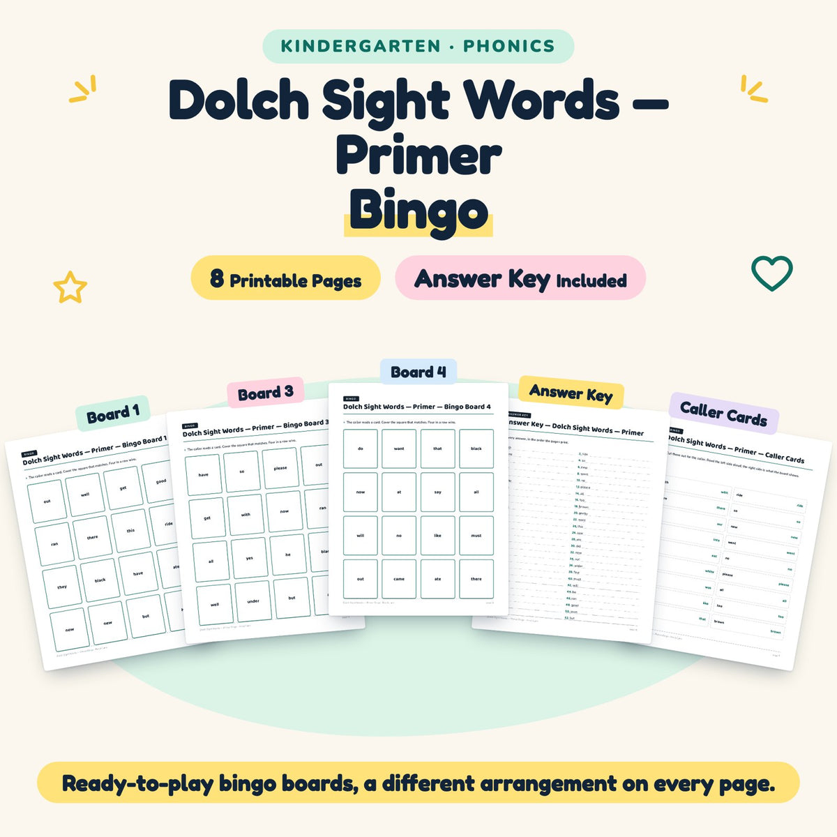 Dolch Primer Sight Words Bingo | Kindergarten (8 Pages) — cover