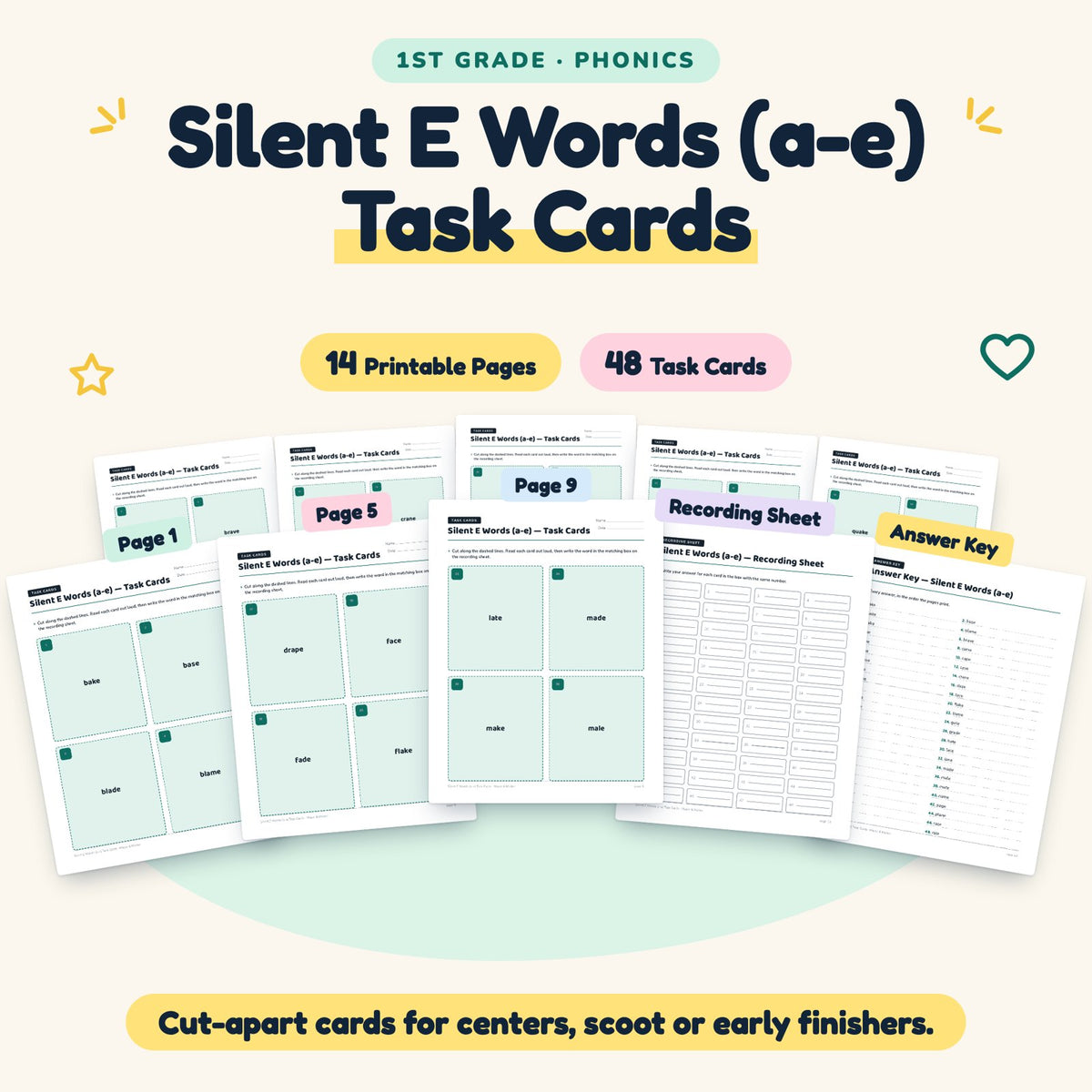 Silent E CVCe Words (a-e) Task Cards | 1st Grade (26 Cards) — cover