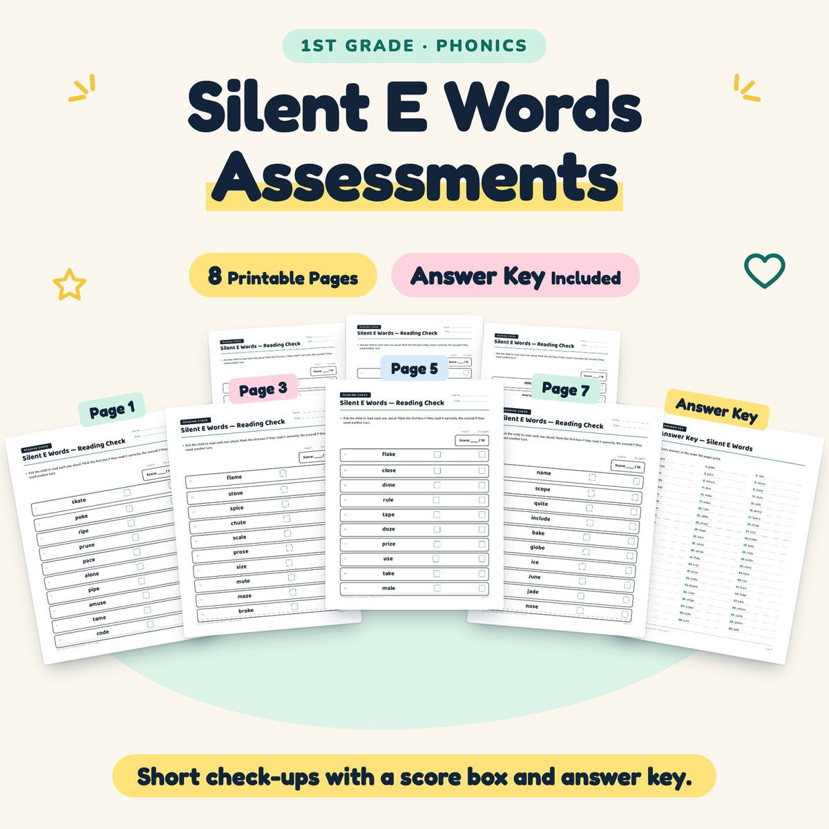 Silent E CVCe Words Assessments | 1st Grade (7 Pages) — cover
