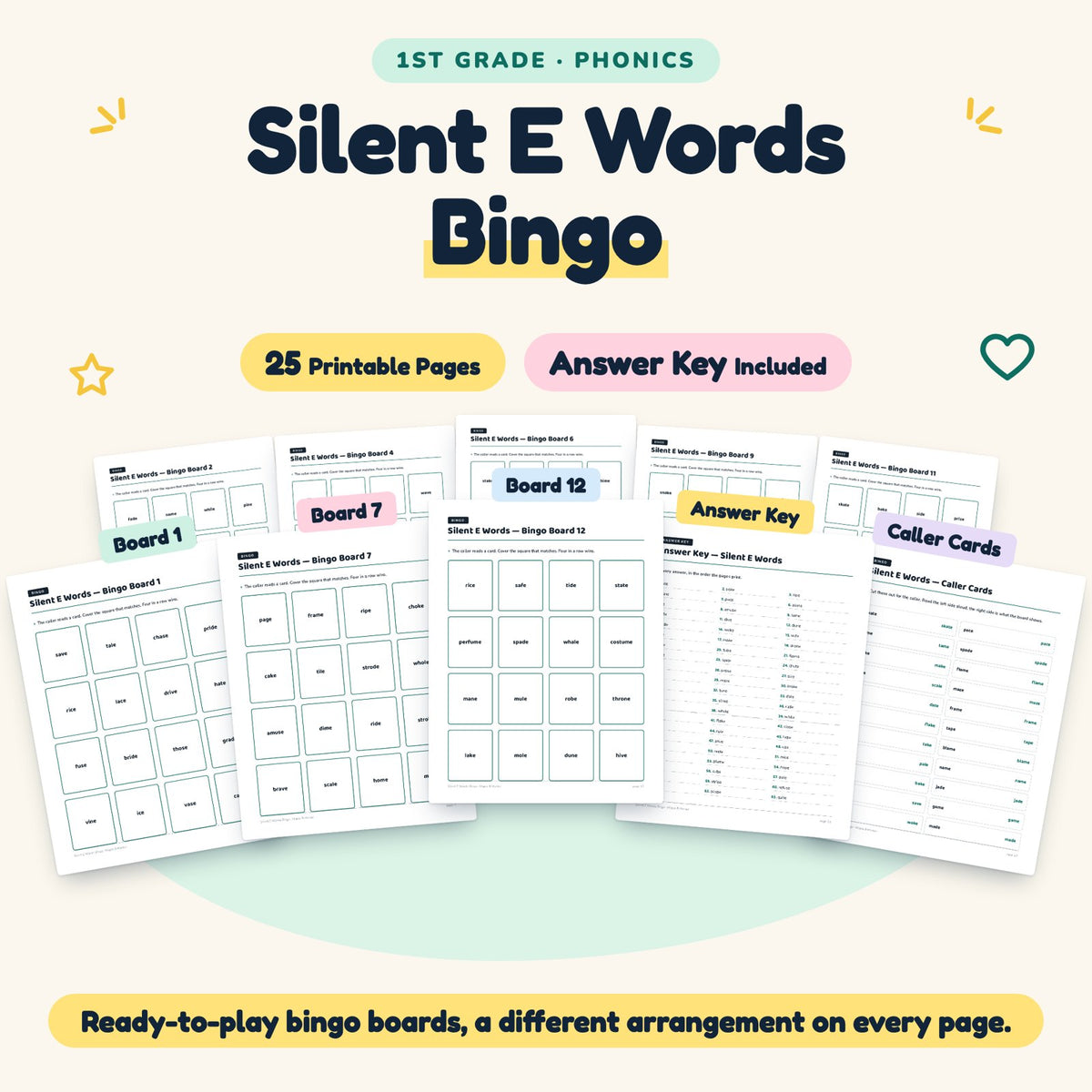 Silent E CVCe Words Bingo | 1st Grade Phonics (12 Pages) — cover
