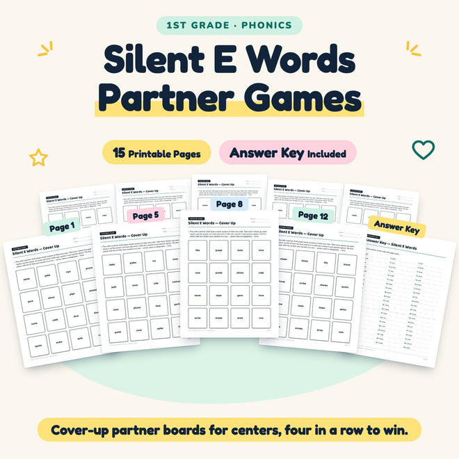 Silent E CVCe Words Partner Games | 1st Grade (8 Pages) — cover