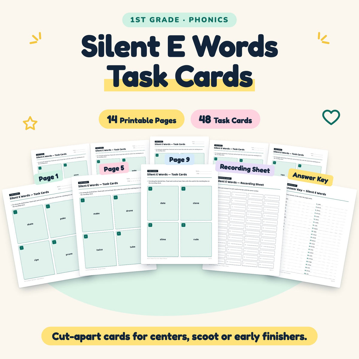 Silent E CVCe Words Task Cards | 1st Grade (48 Cards) — cover