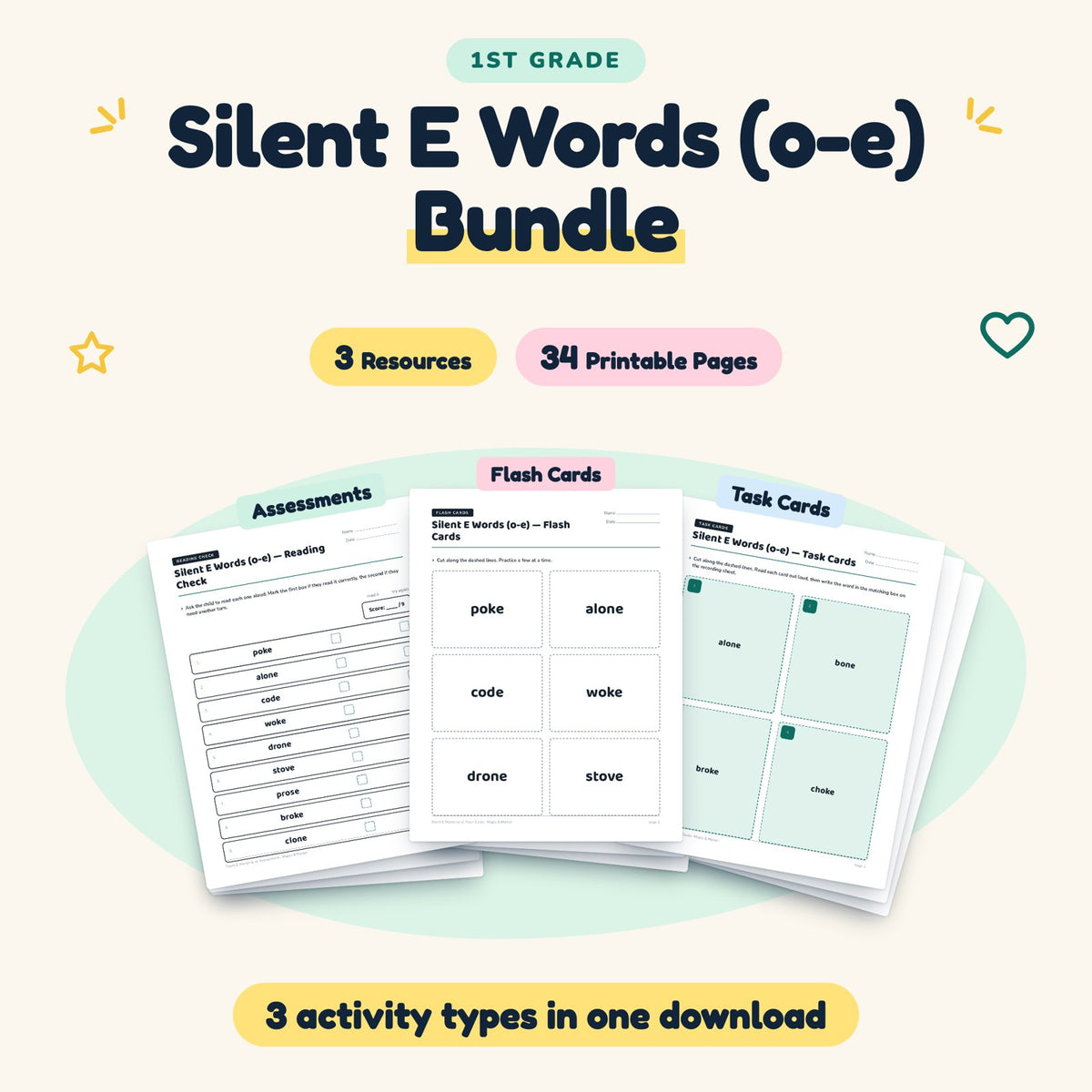 Silent E CVCe Words (o-e) Bundle | 1st Grade (3 Resources) — cover