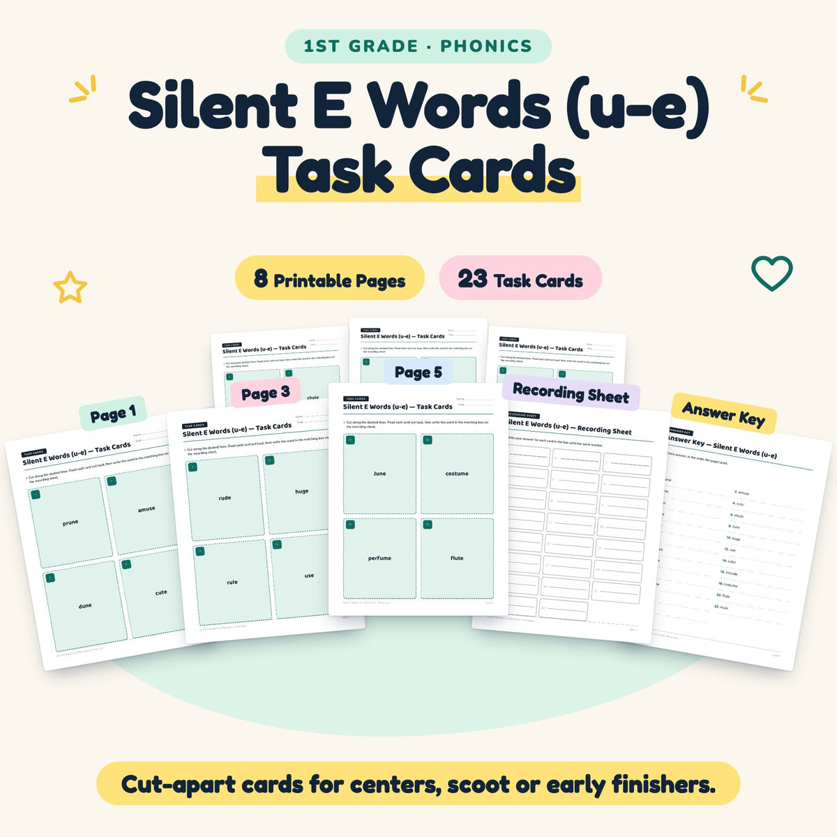 Silent E CVCe Words (u-e) Task Cards | 1st Grade (12 Cards) — cover