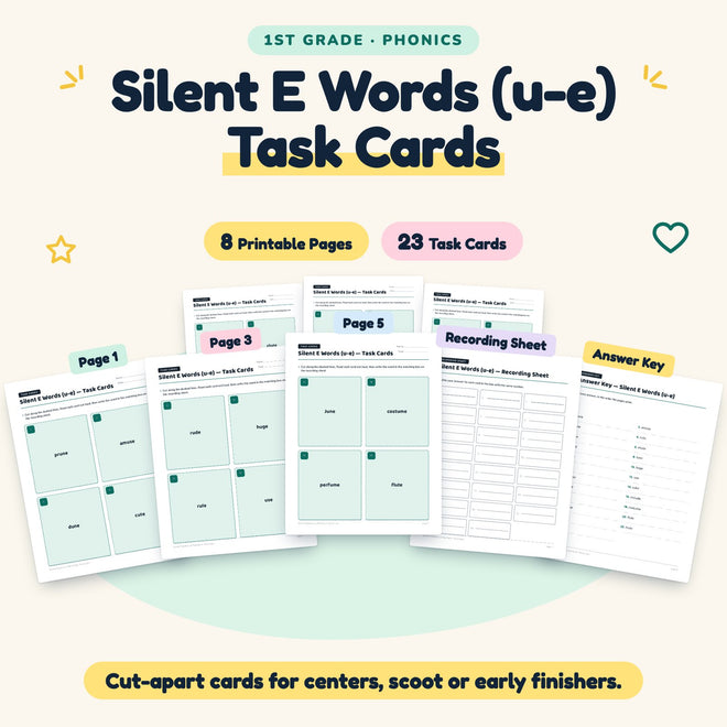 Silent E CVCe Words (u-e) Task Cards | 1st Grade (12 Cards) — cover