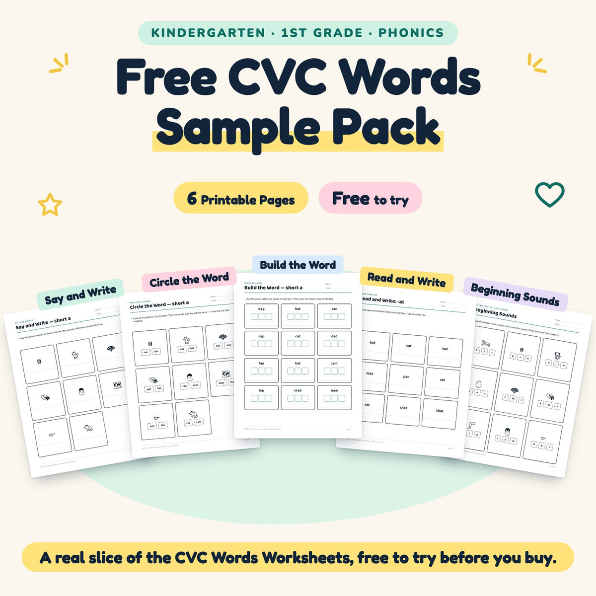 FREE CVC Words Worksheets Sample | K–1st Grade (6 Pages) — cover