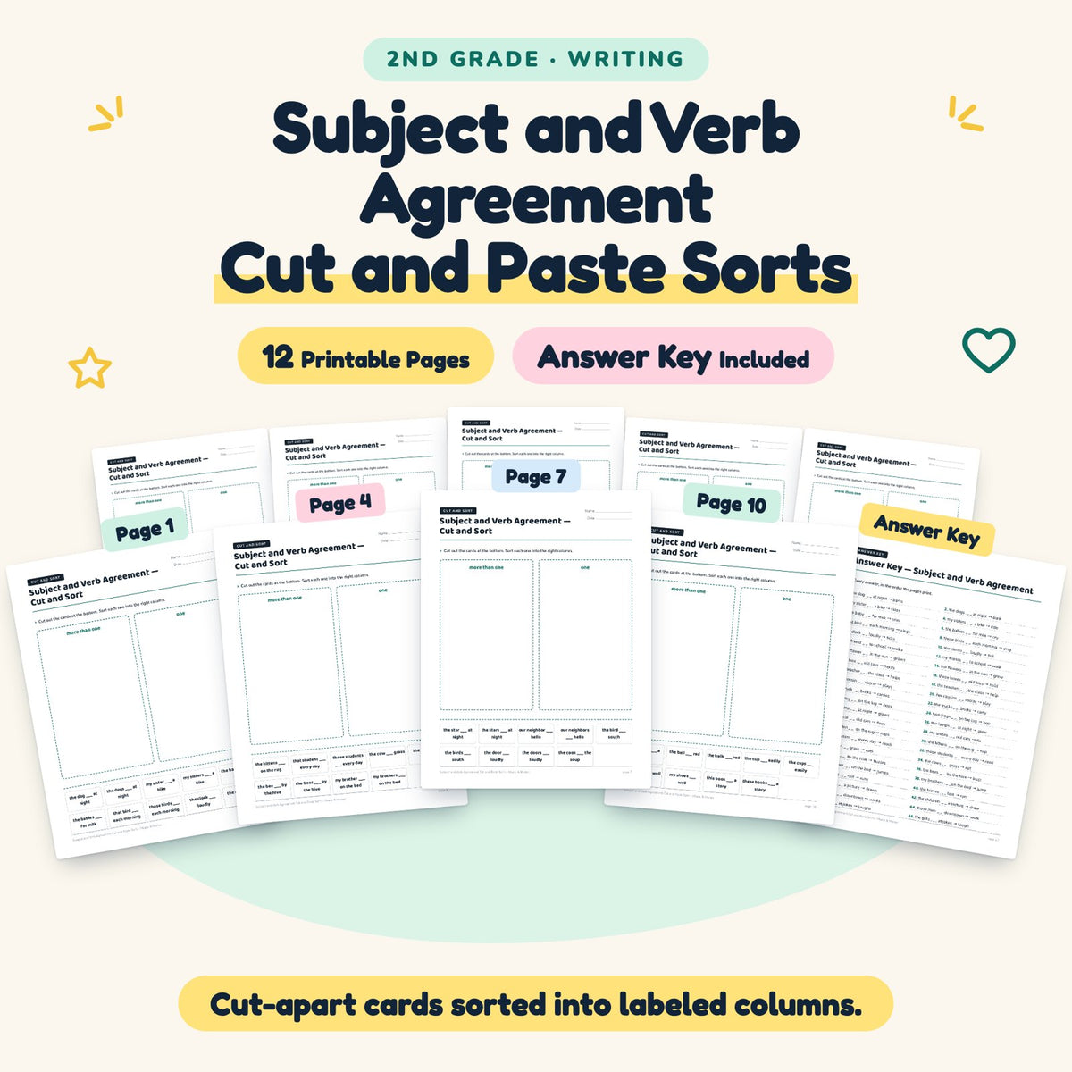 Subject and Verb Agreement Cut and Paste Sorts | 2nd Grade — cover