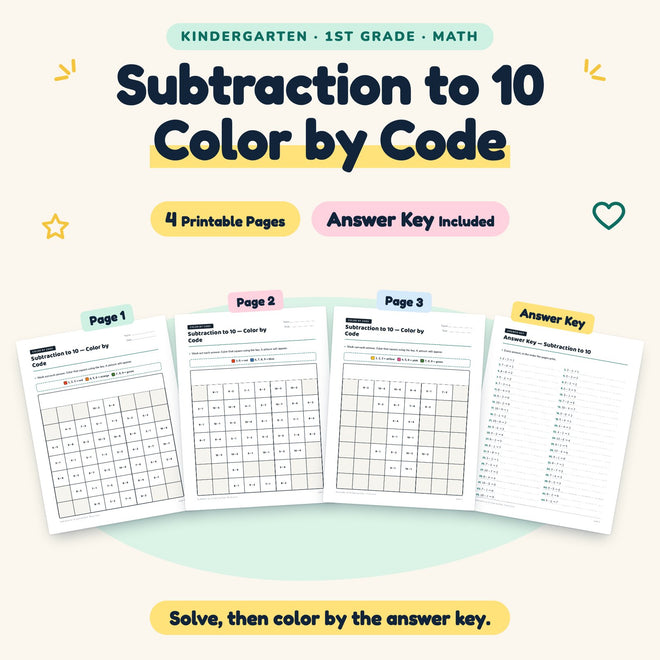 Subtraction to 10 Color by Code | K–1st Grade Math (4 Pages) — cover