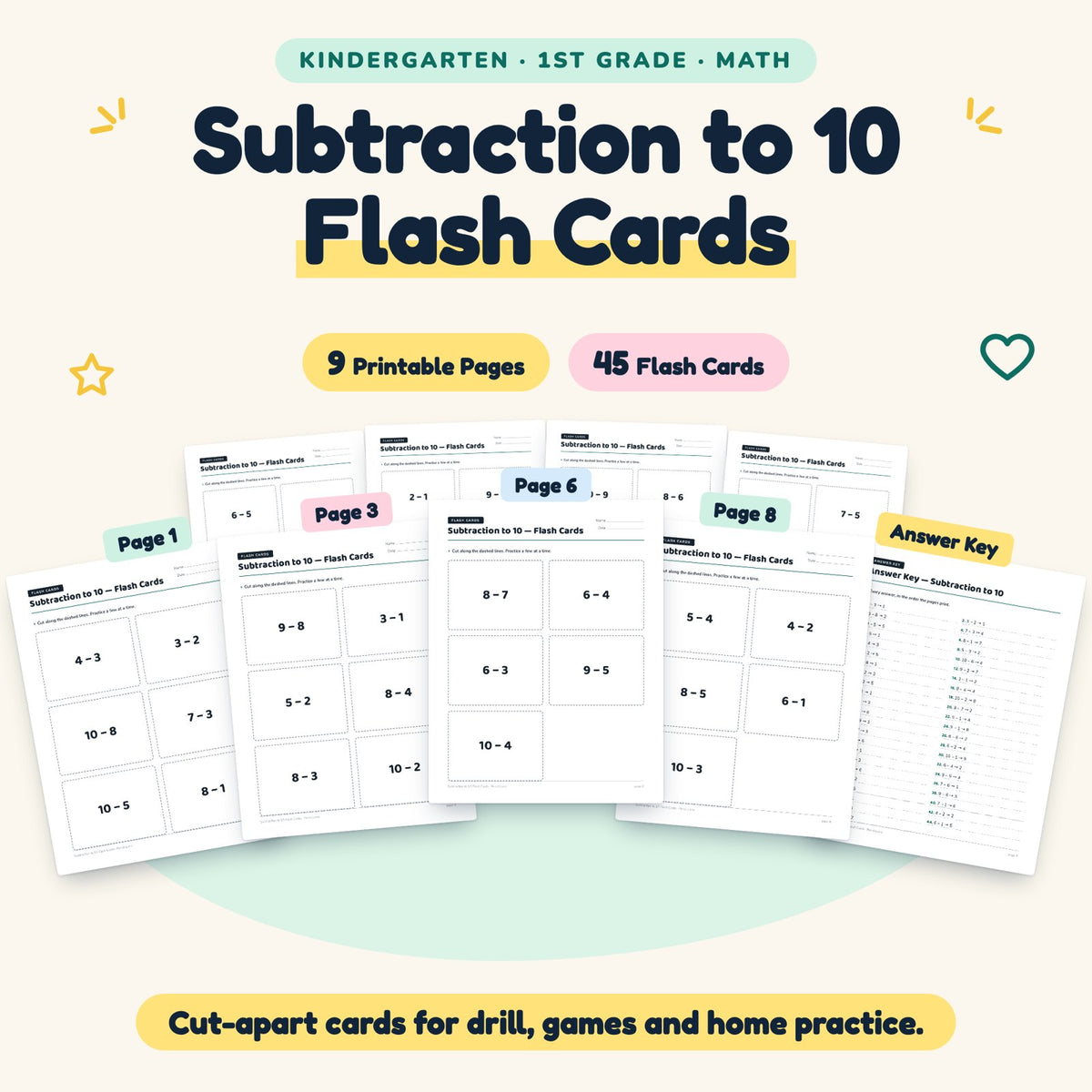 Subtraction to 10 Flash Cards | K–1st Grade Math (45 Cards) — cover