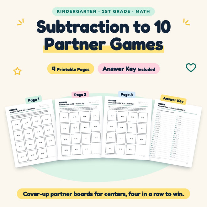 Subtraction to 10 Partner Games | K–1st Grade Math (4 Pages) — cover